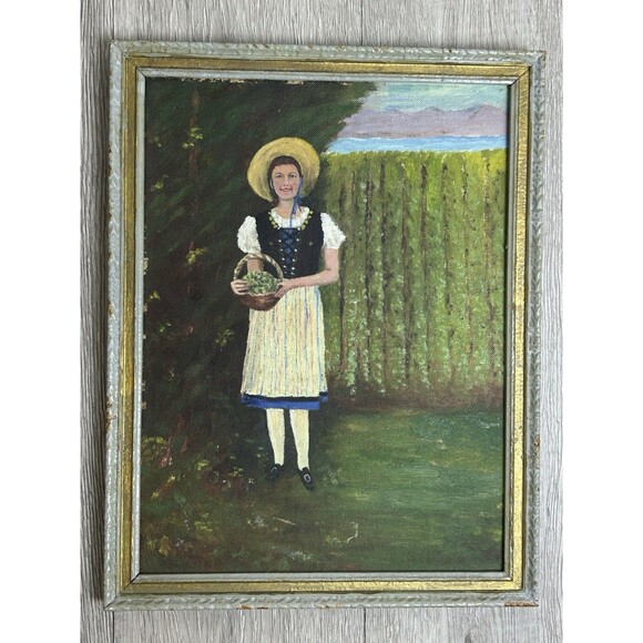 Original Folk Primitive Painting European Girl In Garden Framed & Signed 1958 - Picture 3 of 9